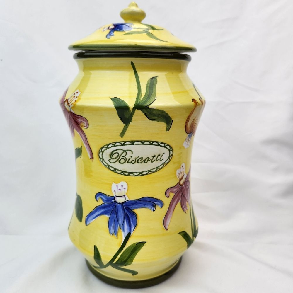 🔹️Vintage Nonni's Yellow Floral "Biscotti" Hand Painted Ceramic Jar & Lid